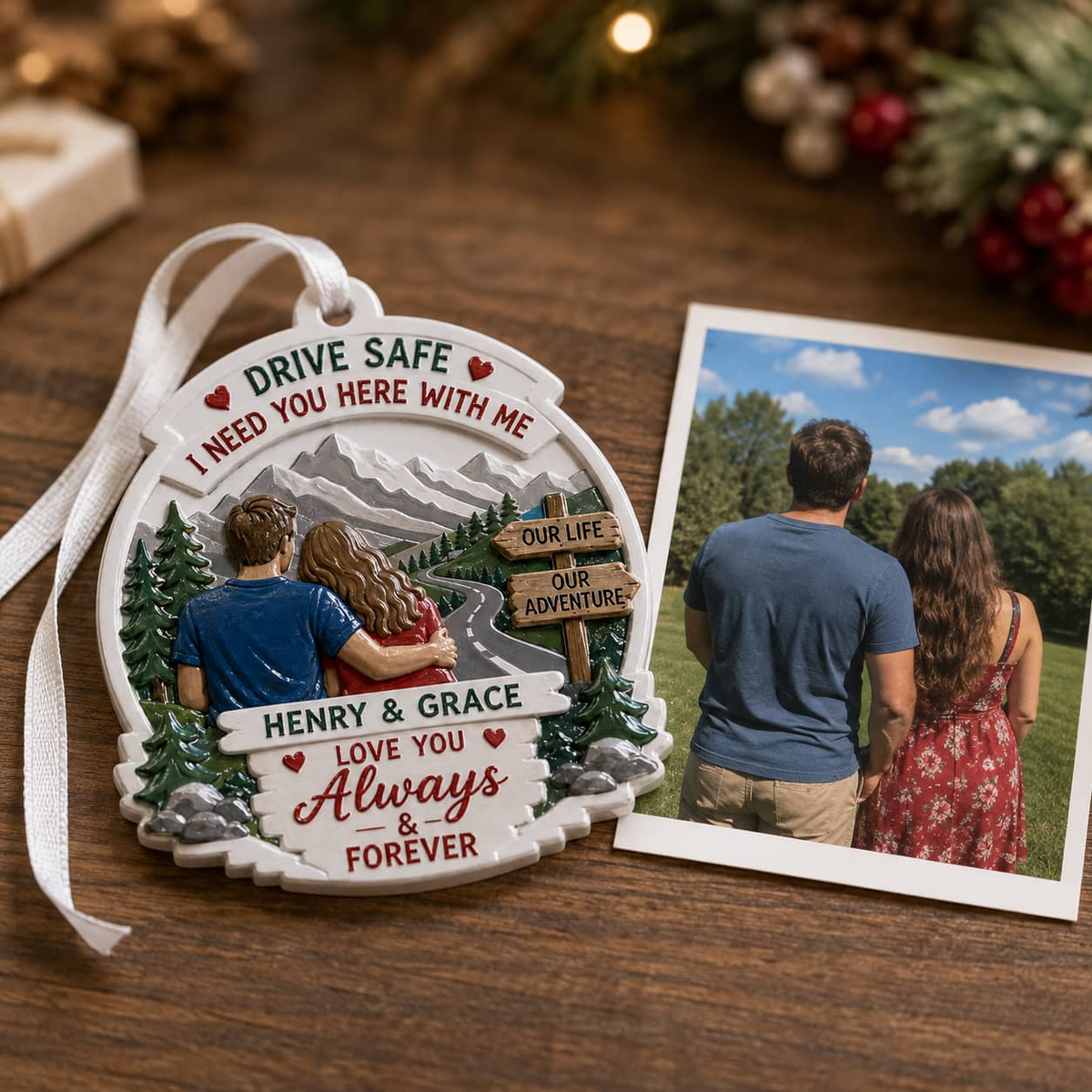Drive Safe Couple Keepsake, Oval Mountain Scenery and Pine Trees Hanging Decor - 3D Relief Ornament