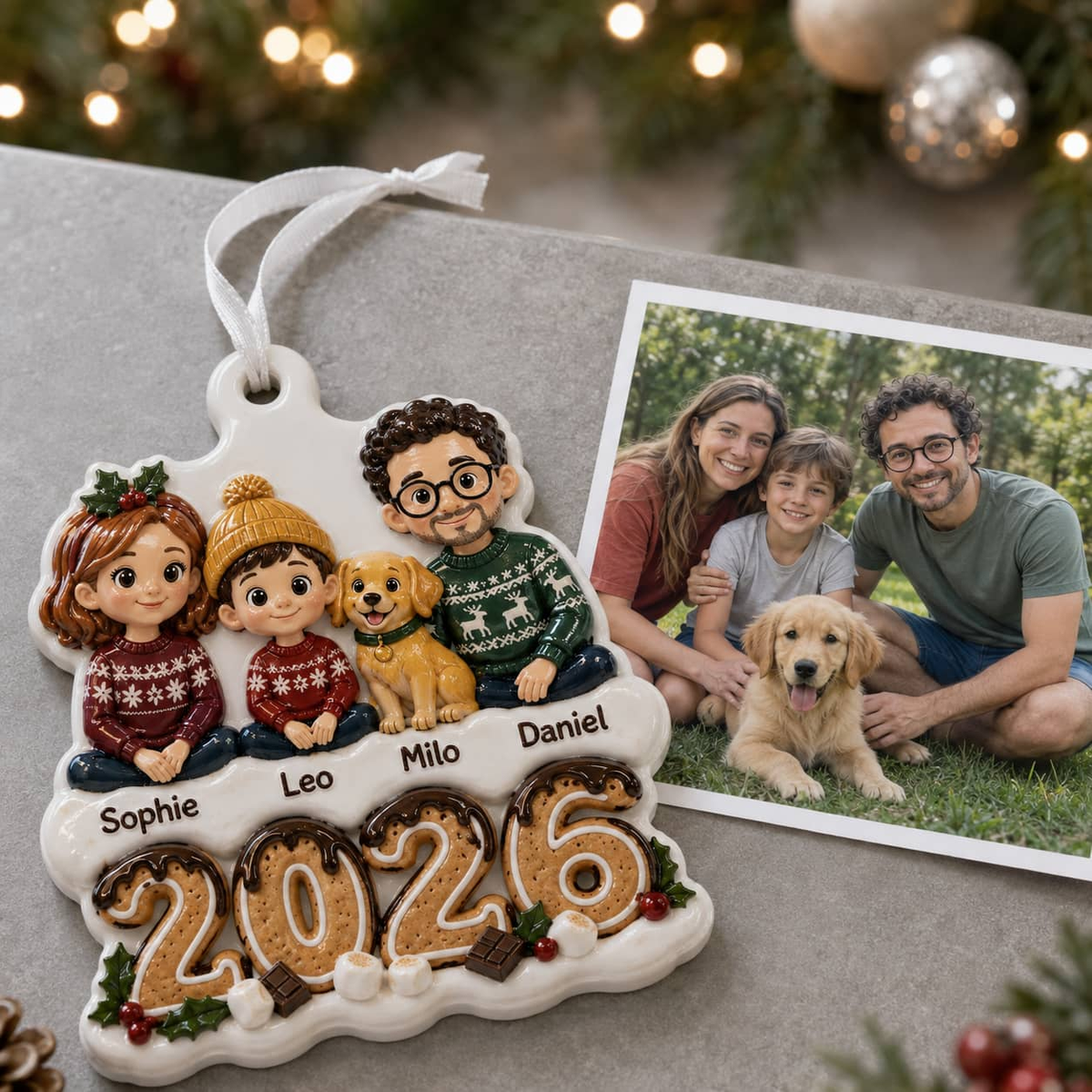 Family and Dog Christmas Tree Keepsake, 2026 Gingerbread Holiday Decor - 3D Relief Ornament