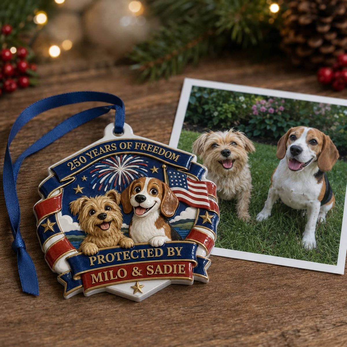 Patriotic Dogs Shield Christmas Tree Hanging Decor, 250 Years of Freedom - 3D Relief Ornament