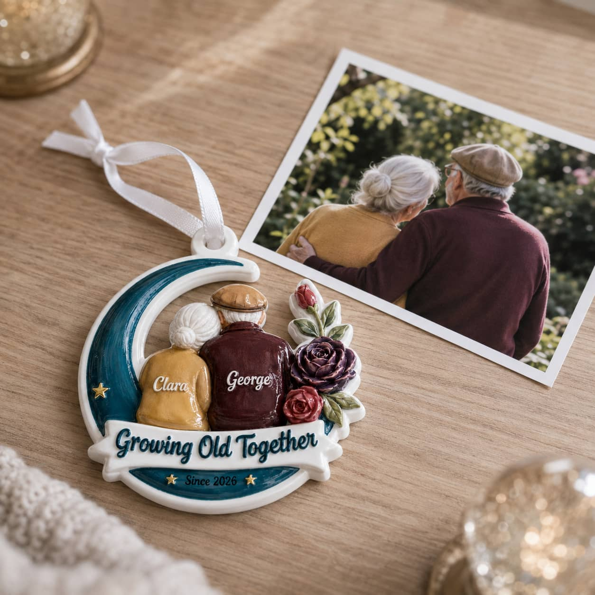 Growing Old Together Couple Keepsake, Elderly Pair on Crescent Moon Ceramic Decor - 3D Relief Ornament