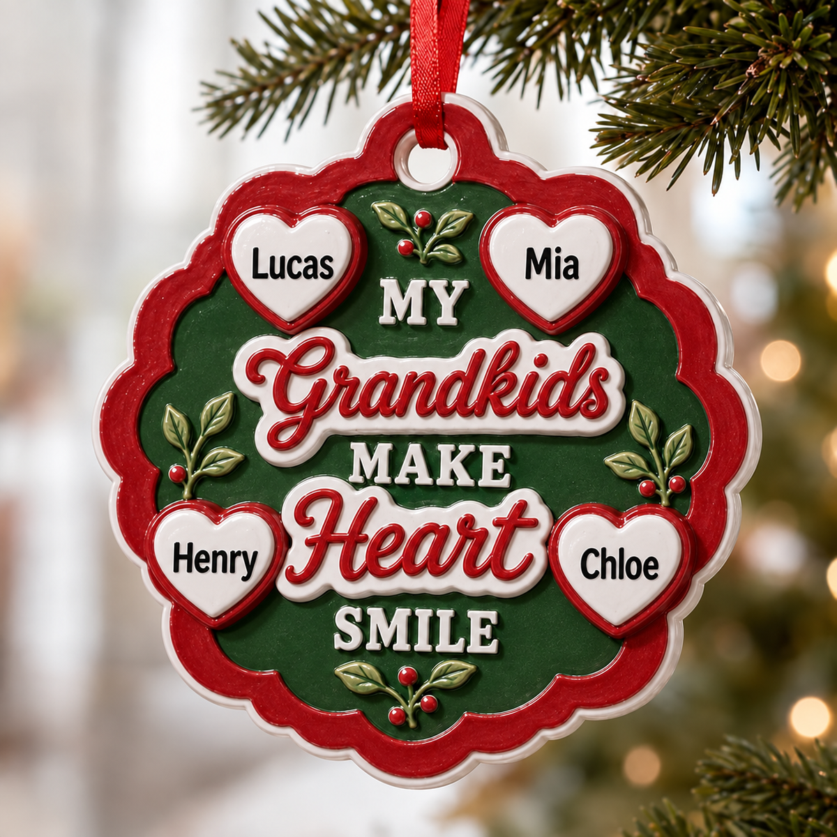 Grandkids Make Heart Smile Red and Green Scalloped Tree Keepsake - 3D Relief Ornament