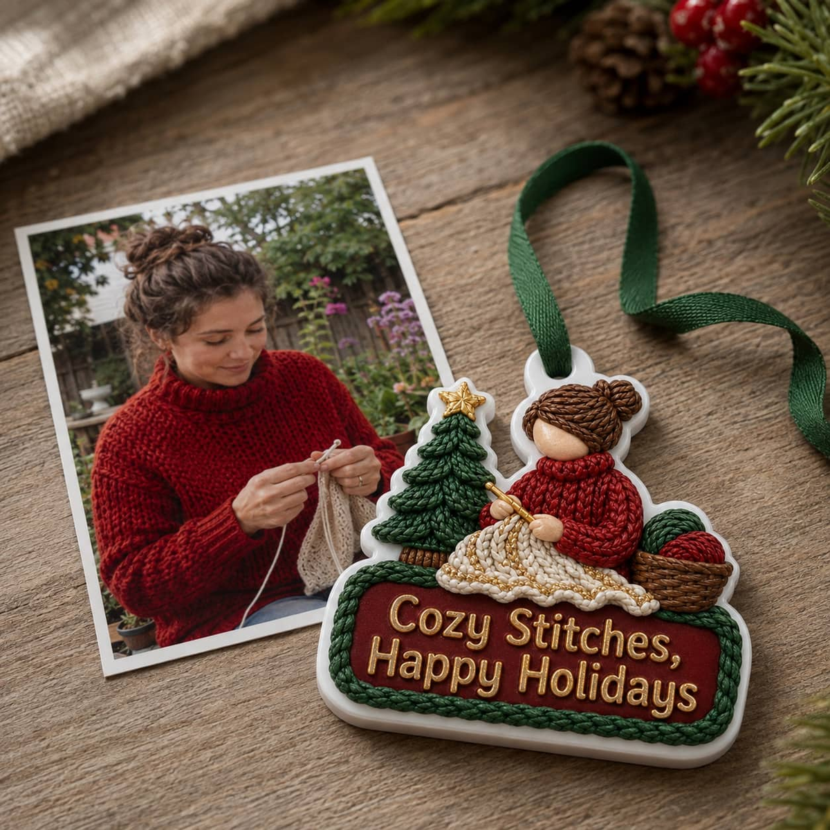 Knitting Woman Christmas Tree Decoration with Yarn Basket and Ribbon - 3D Relief Ornament