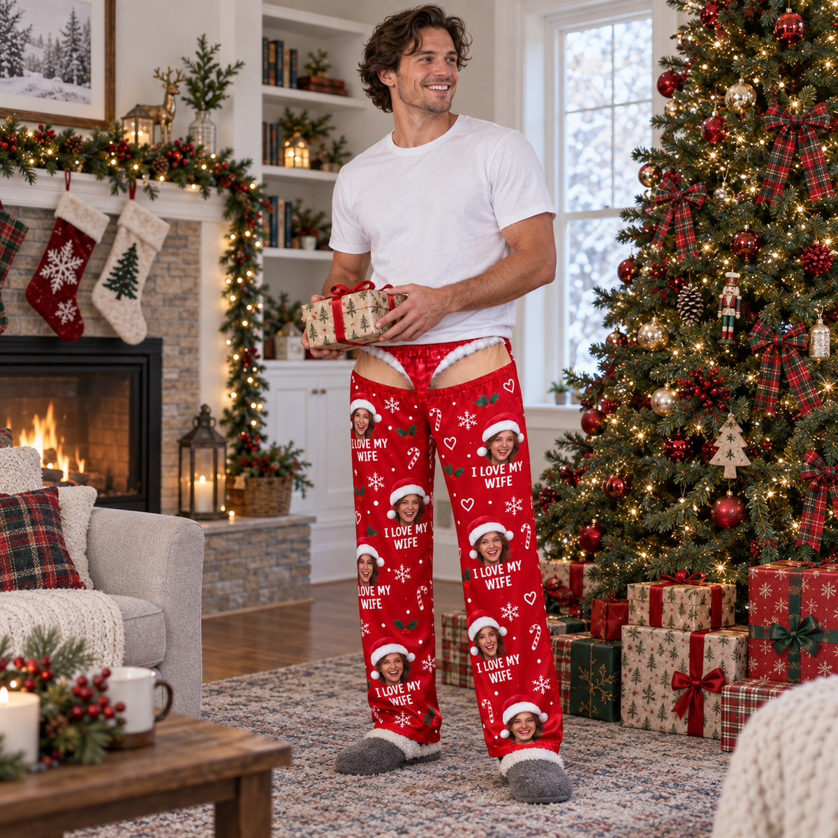 Christmas Pajama Pants Red Novelty Holiday Sleep Bottoms Wide Leg