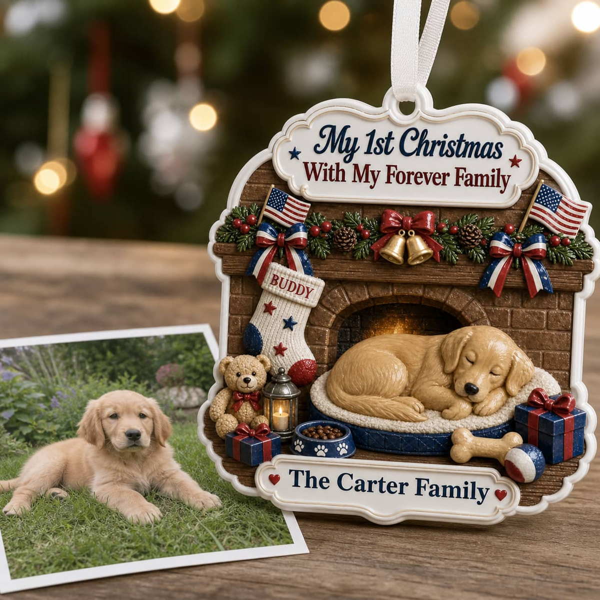 Holiday Tree Decoration, First Christmas Sleeping Puppy by Fireplace - 3D Relief Ornament
