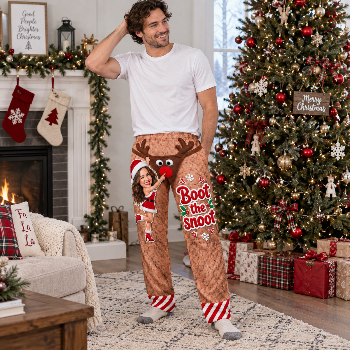 Pajama Pants Christmas Reindeer Hairy Leg Graphic Holiday Loungewear