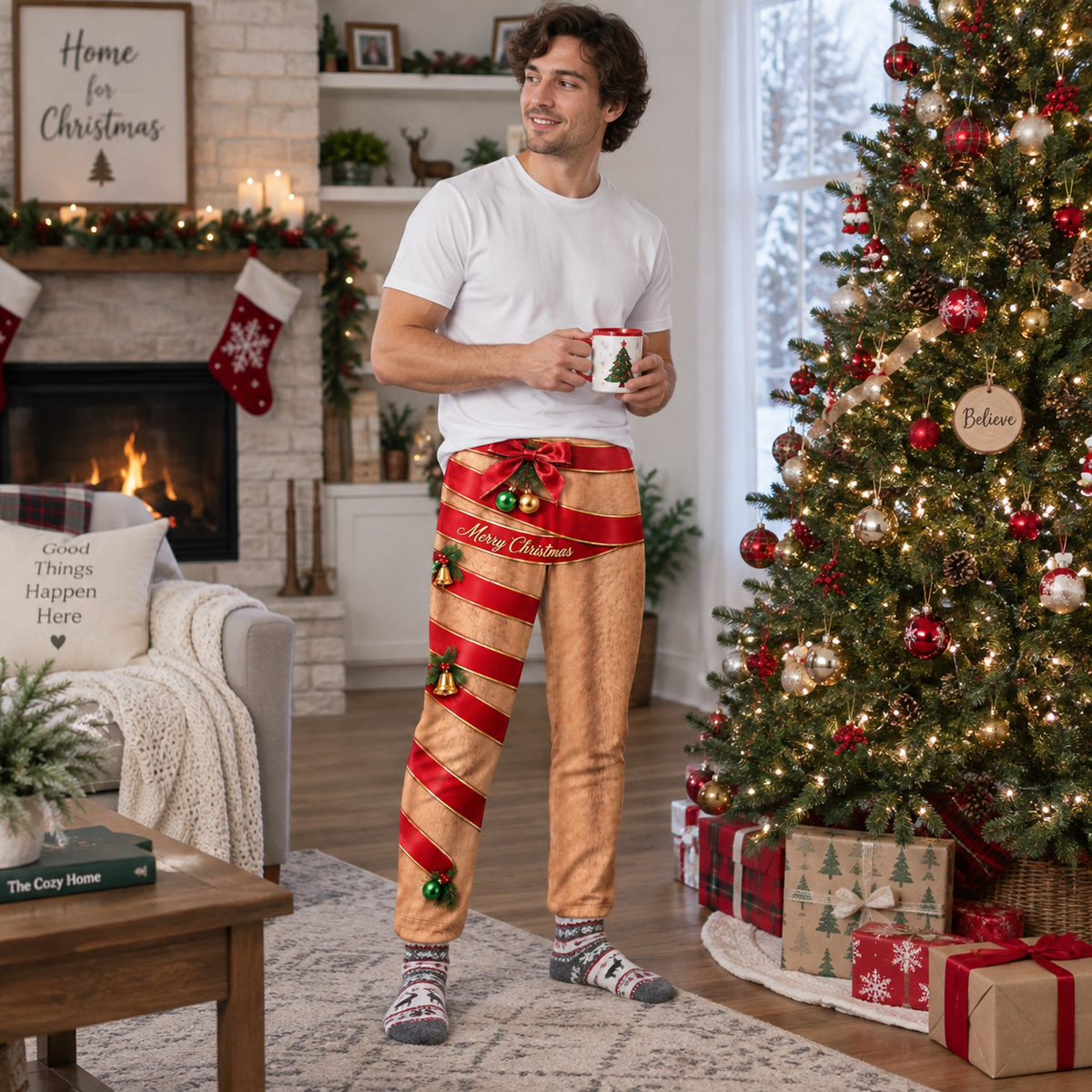 Christmas Pajama Pants Novelty Hairy Leg Ribbon Print Lounge Bottoms
