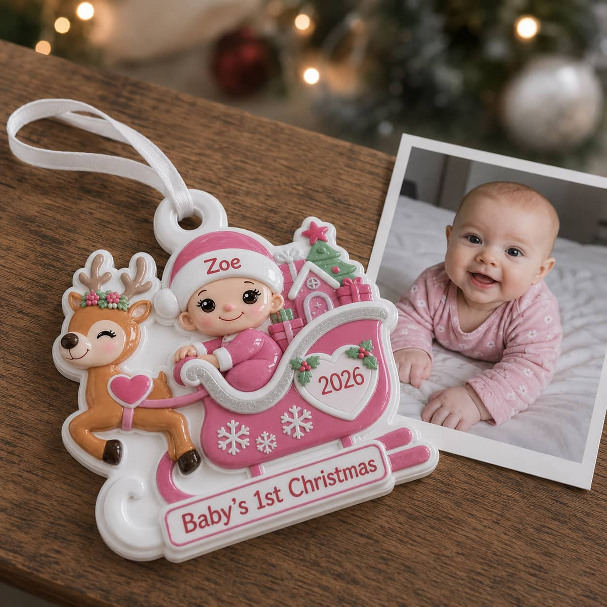Baby's First Christmas Pink Reindeer Sleigh Holiday Keepsake - 3D Relief Ornament