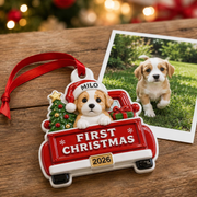 First Christmas 2026 Red Truck Puppy Christmas Tree Decoration, Red 3D Relief Design - 3D Relief Ornament