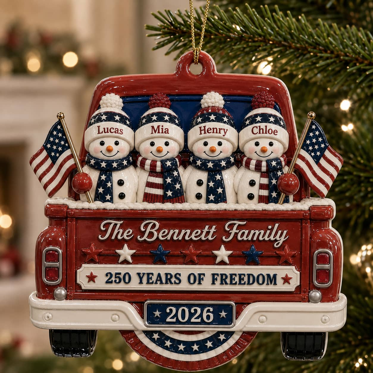 Christmas Snowman Pickup Truck Holiday Decor, Patriotic Red White Blue Design - 3D Relief Ornament
