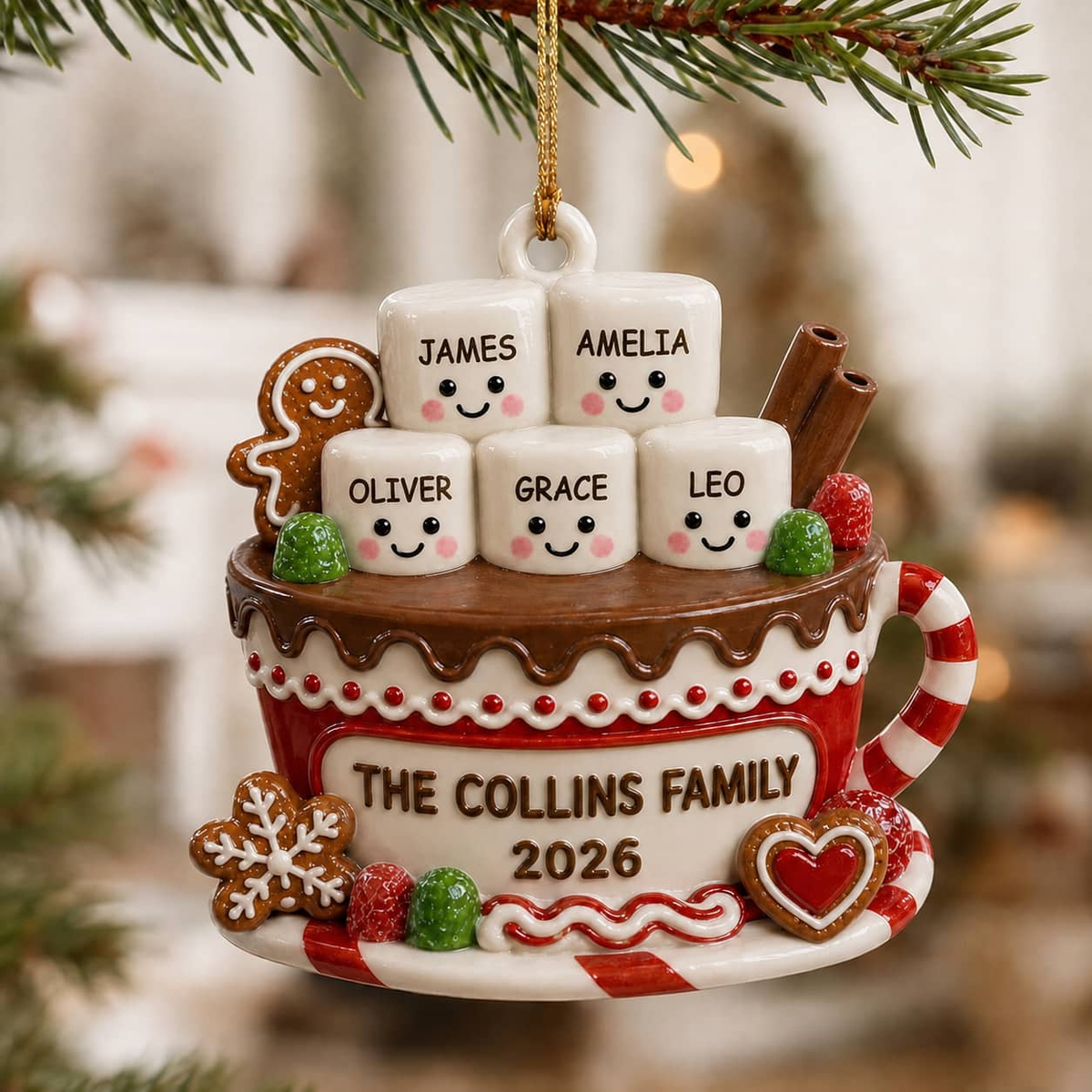 Hot Chocolate Mug Family Marshmallow Christmas Keepsake - 3D Relief Ornament