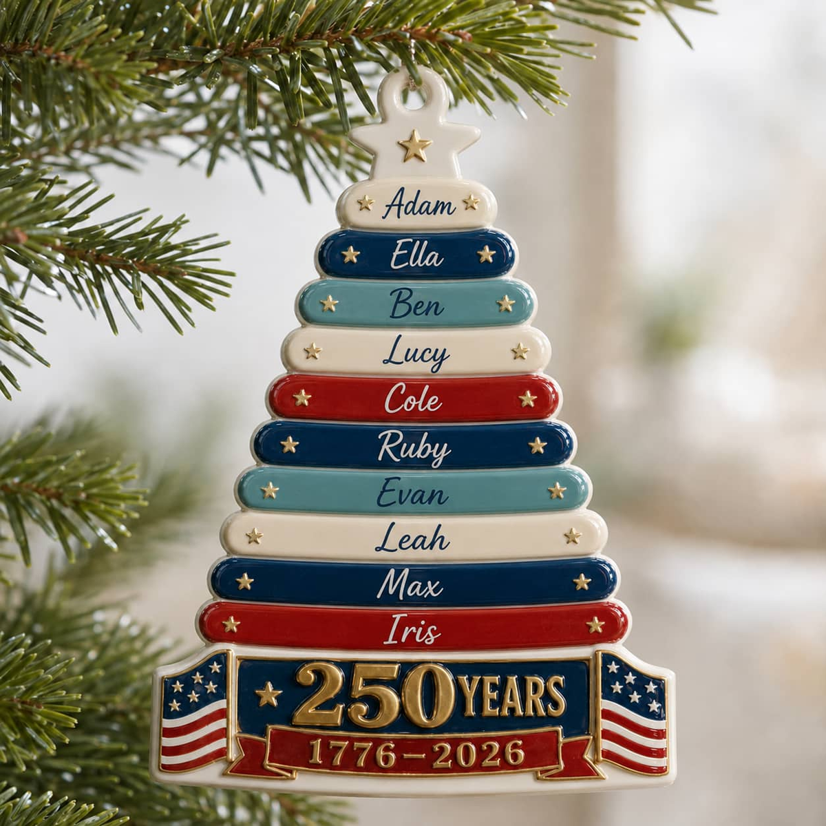 USA 250 Years 1776-2026 Patriotic Christmas Family Tree Keepsake - 3D Relief Ornament