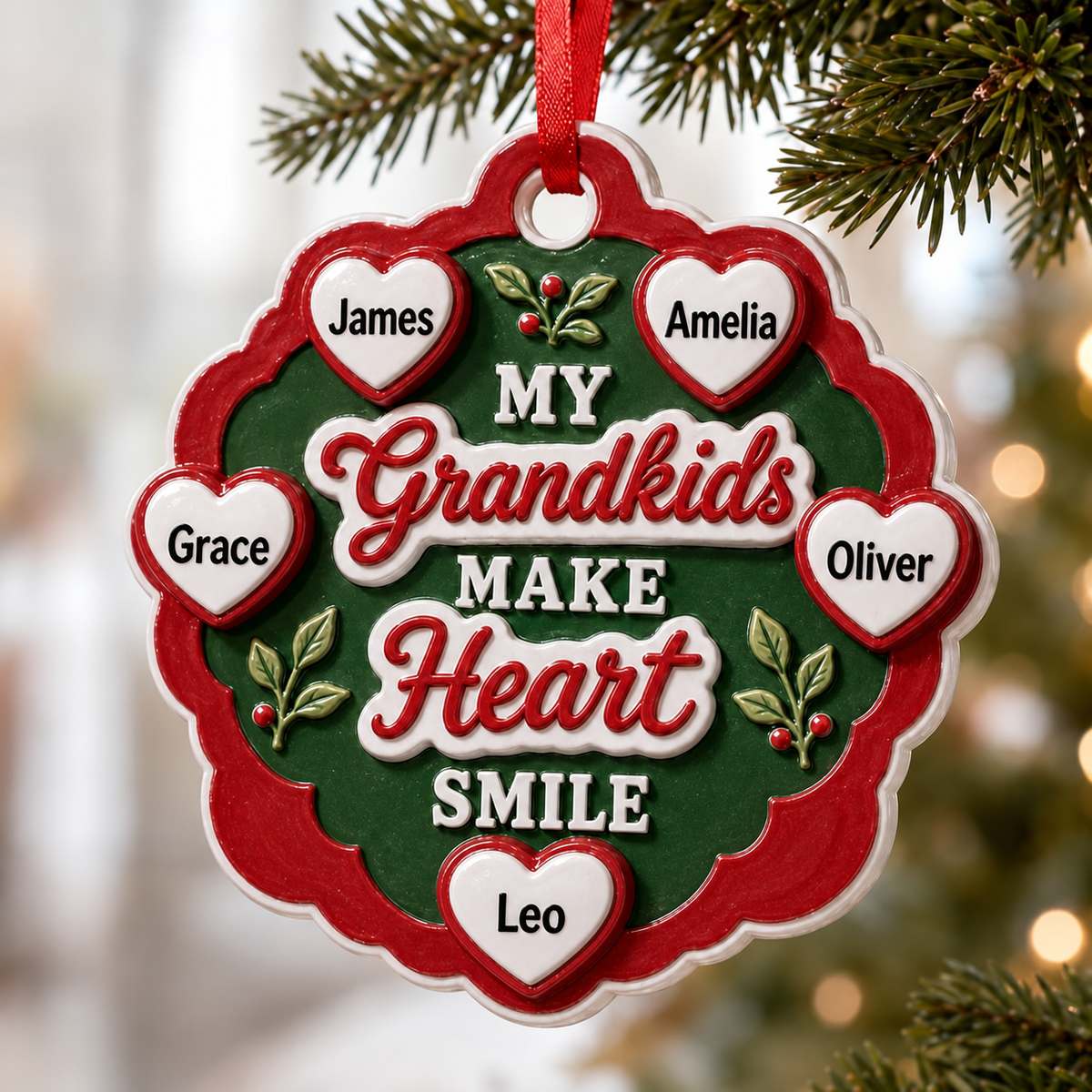 Grandkids Make Heart Smile Red and Green Scalloped Tree Keepsake - 3D Relief Ornament