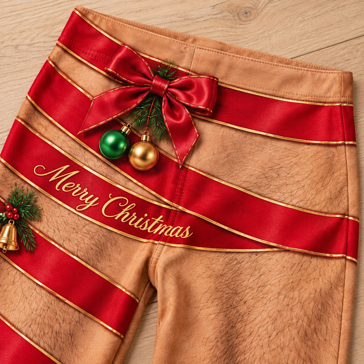 Christmas Pajama Pants Novelty Hairy Leg Ribbon Print Lounge Bottoms