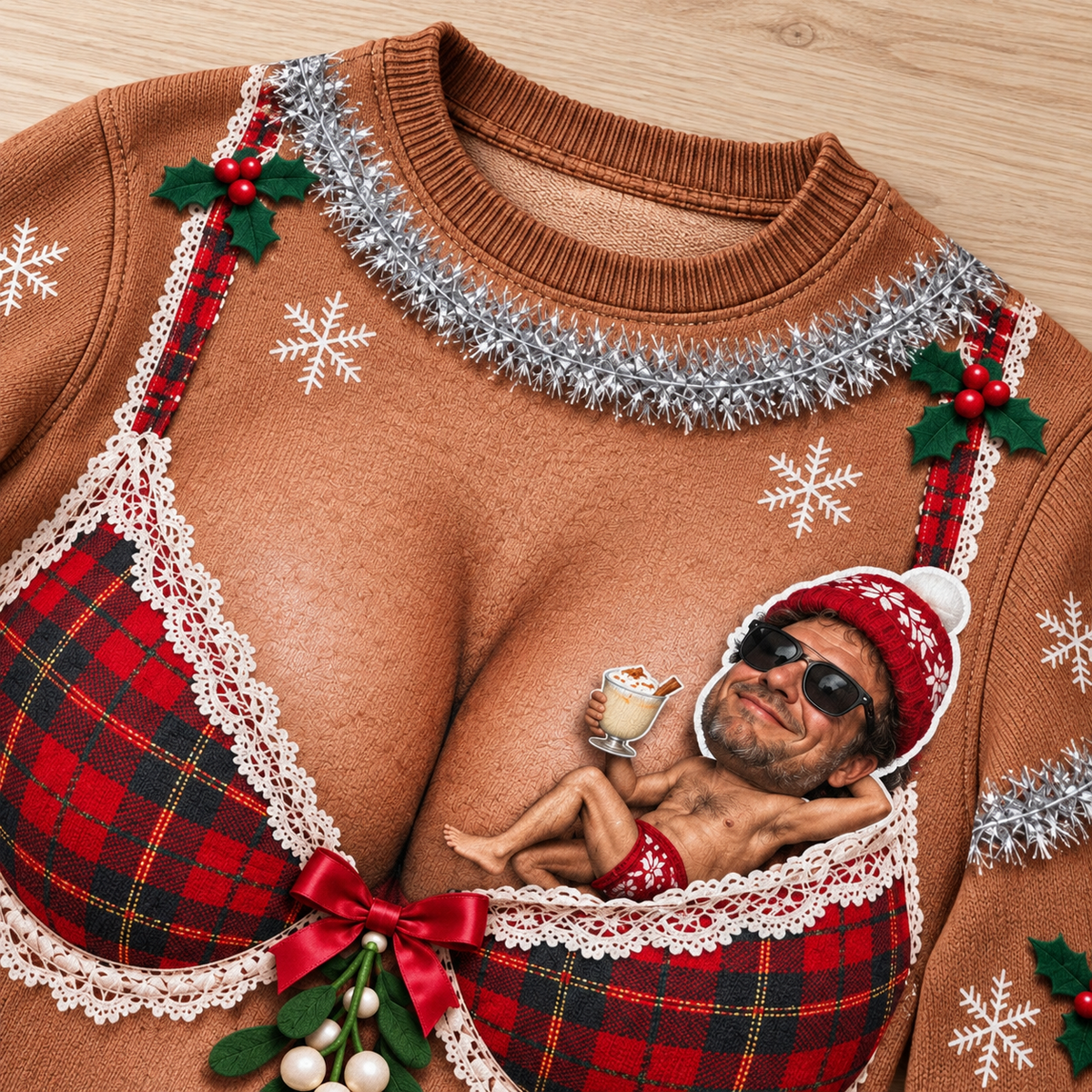 Funny Christmas Sweatshirt, Brown Novelty Plaid Bra Graphic Crewneck