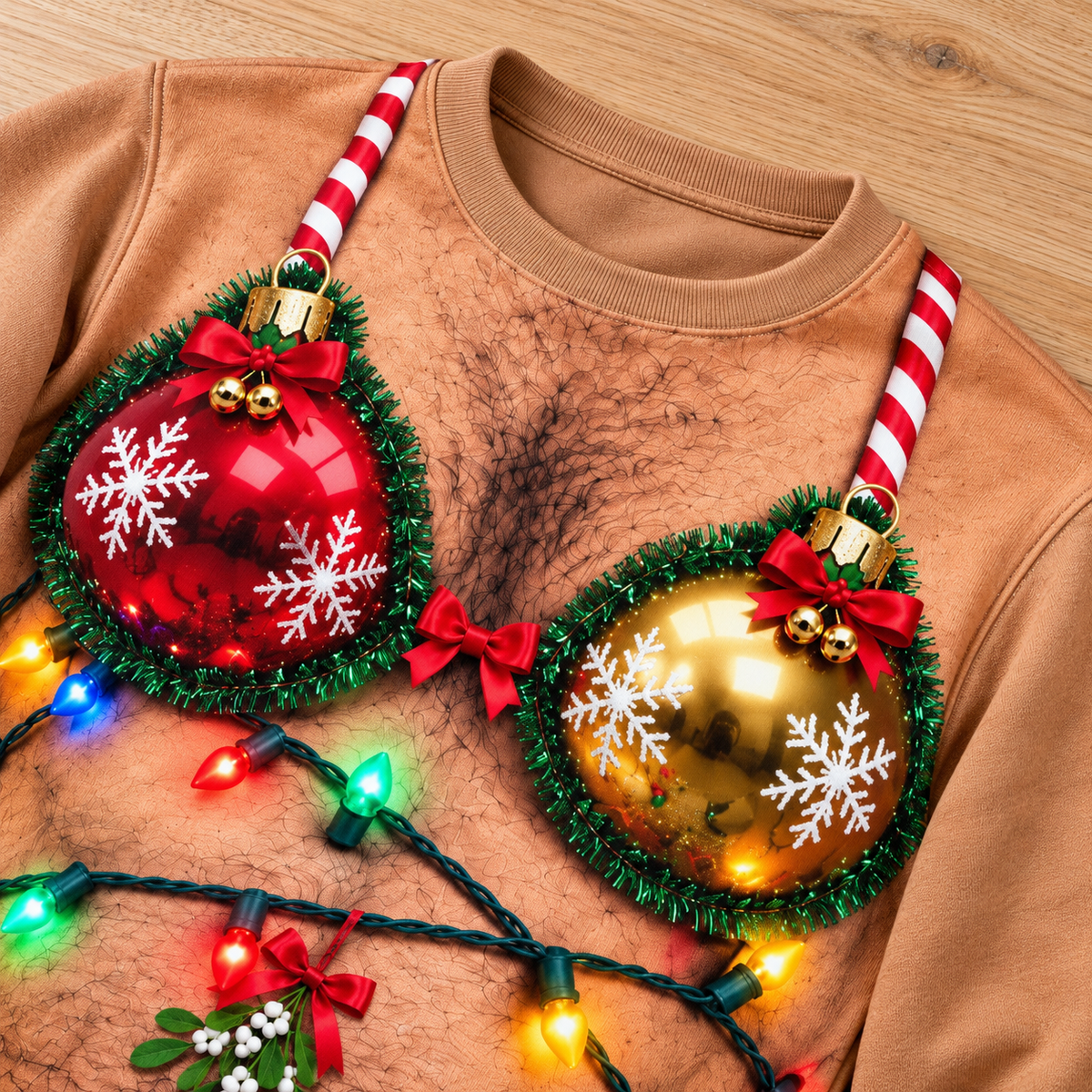 Funny Christmas Sweatshirt Hairy Chest Bikini Graphic Tan Pullover