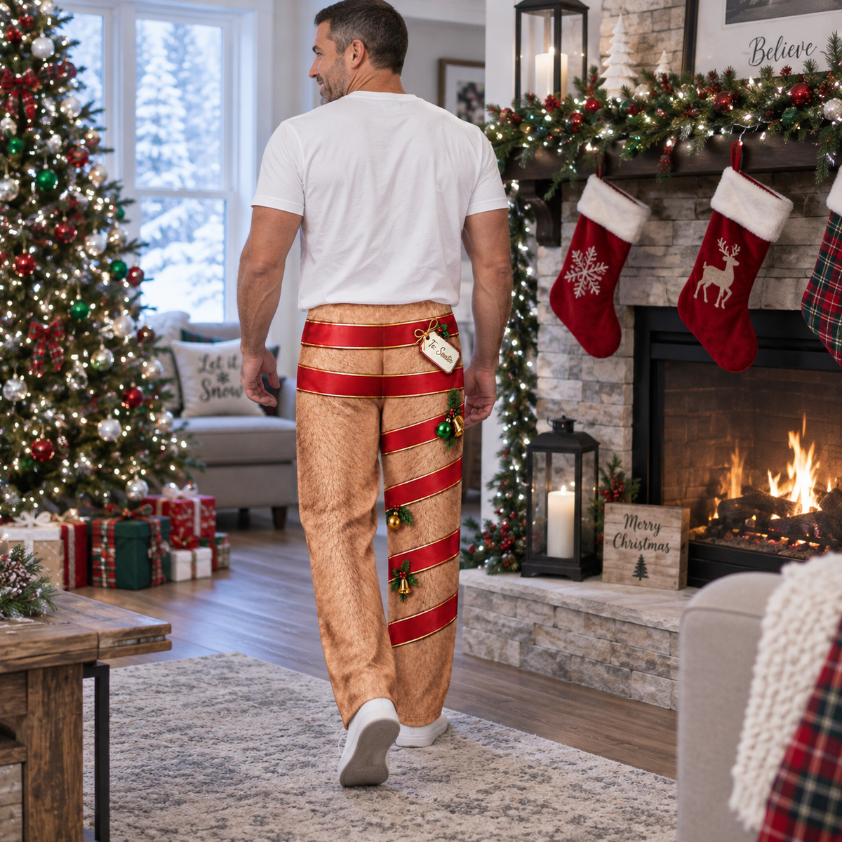 Christmas Pajama Pants Novelty Hairy Leg Ribbon Print Lounge Bottoms