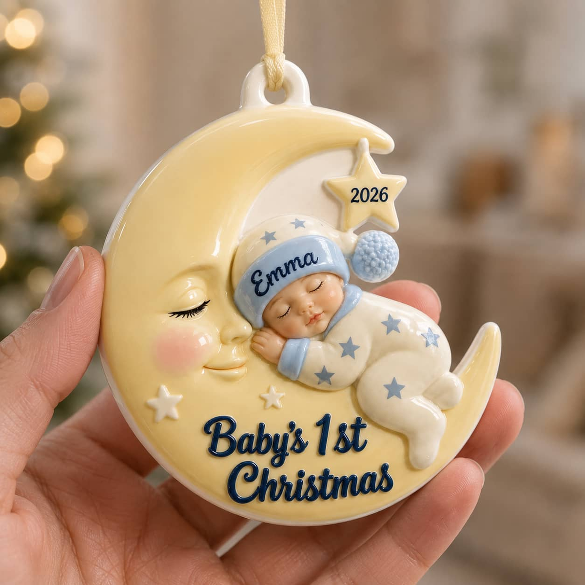Baby's First Christmas Sleeping Infant on Crescent Moon Holiday Keepsake - 3D Relief Ornament