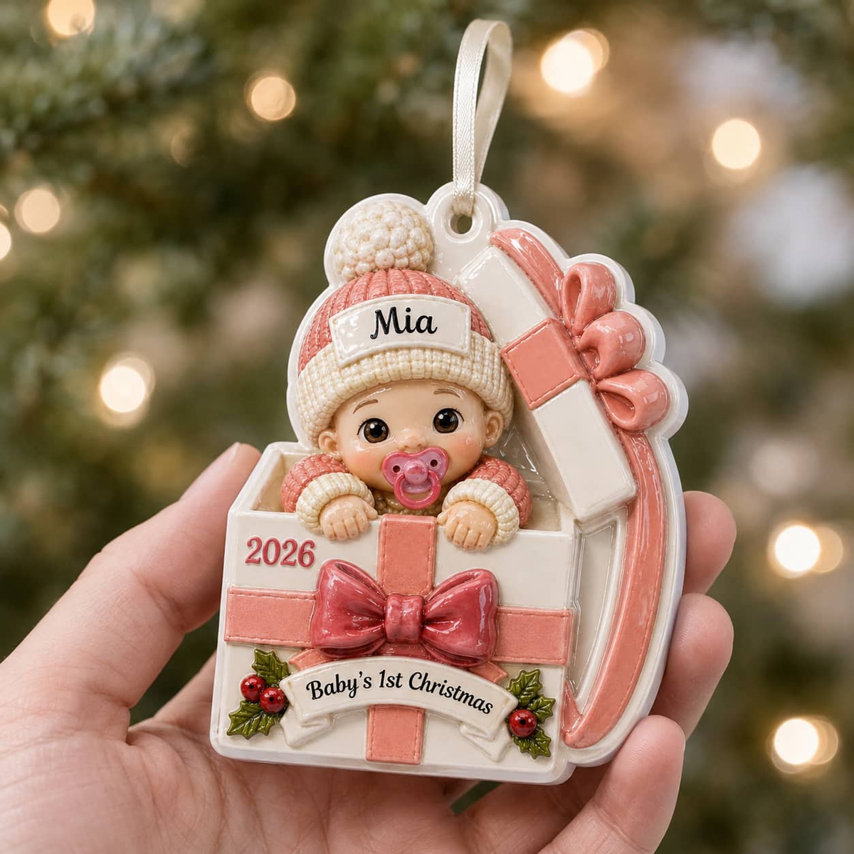 Baby's First Christmas Infant in Pink Present Box Holiday Keepsake - 3D Relief Ornament