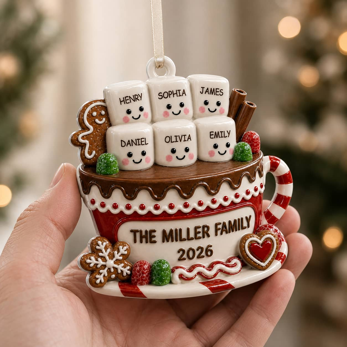 Hot Chocolate Mug Family Marshmallow Christmas Keepsake - 3D Relief Ornament