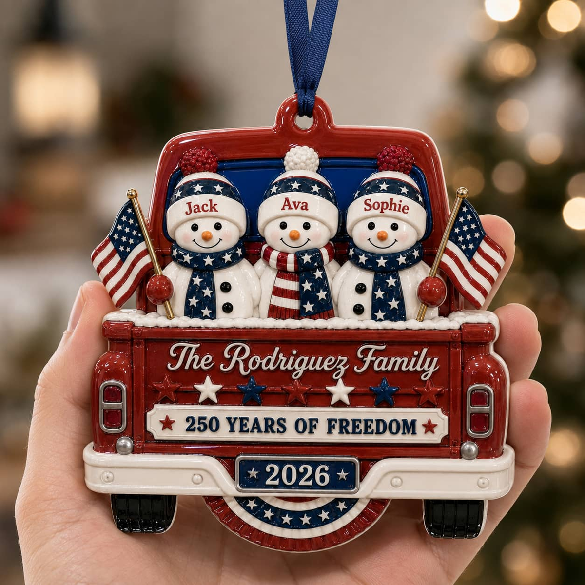 Christmas Snowman Pickup Truck Holiday Decor, Patriotic Red White Blue Design - 3D Relief Ornament