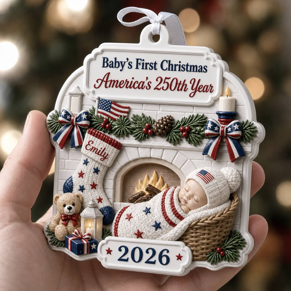 Baby's First Christmas 2026 Hanging Keepsake, America's 250th Year Patriotic Fireplace - 3D Relief Ornament