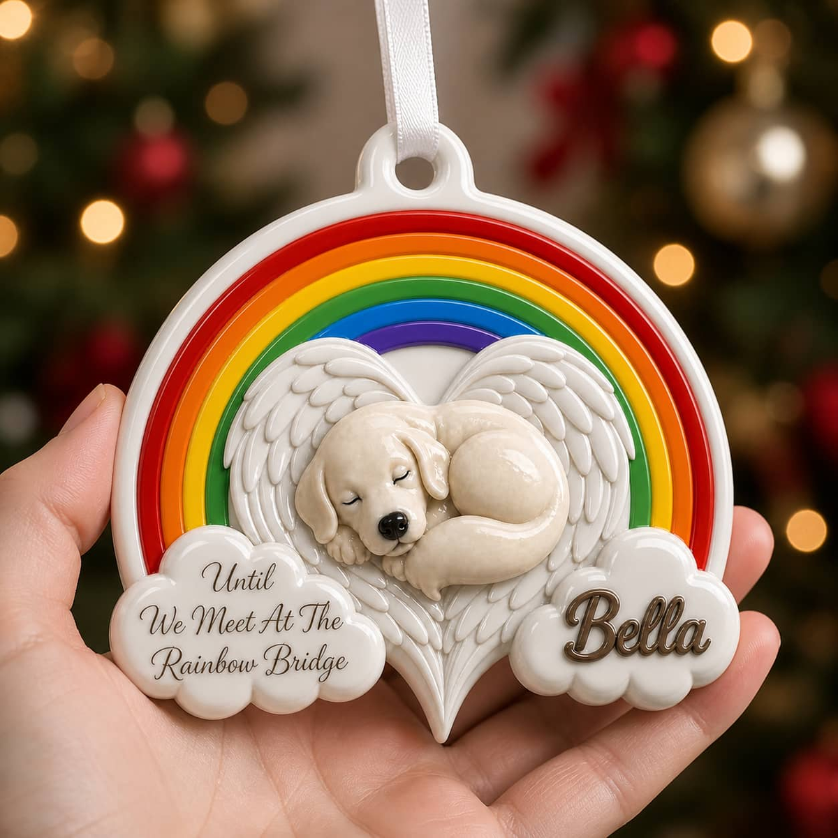 Dog Memorial Keepsake, Sleeping Angel Puppy with Rainbow Bridge Hanging Decor - 3D Relief Ornament