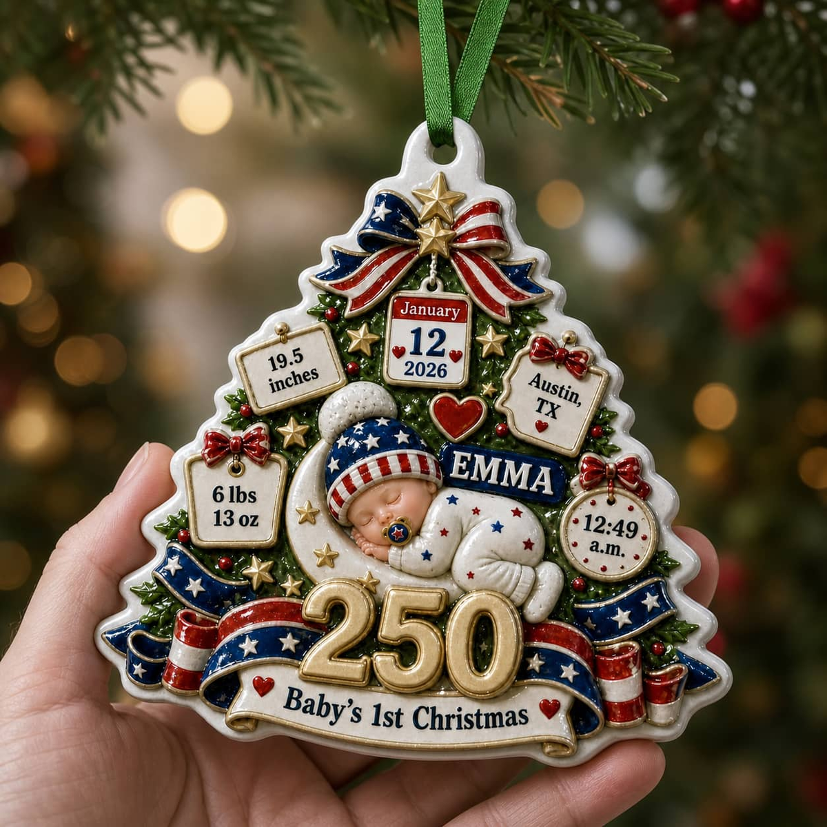 Baby's First Christmas Tree Keepsake, America 250 Patriotic Birth Stats - 3D Relief Ornament