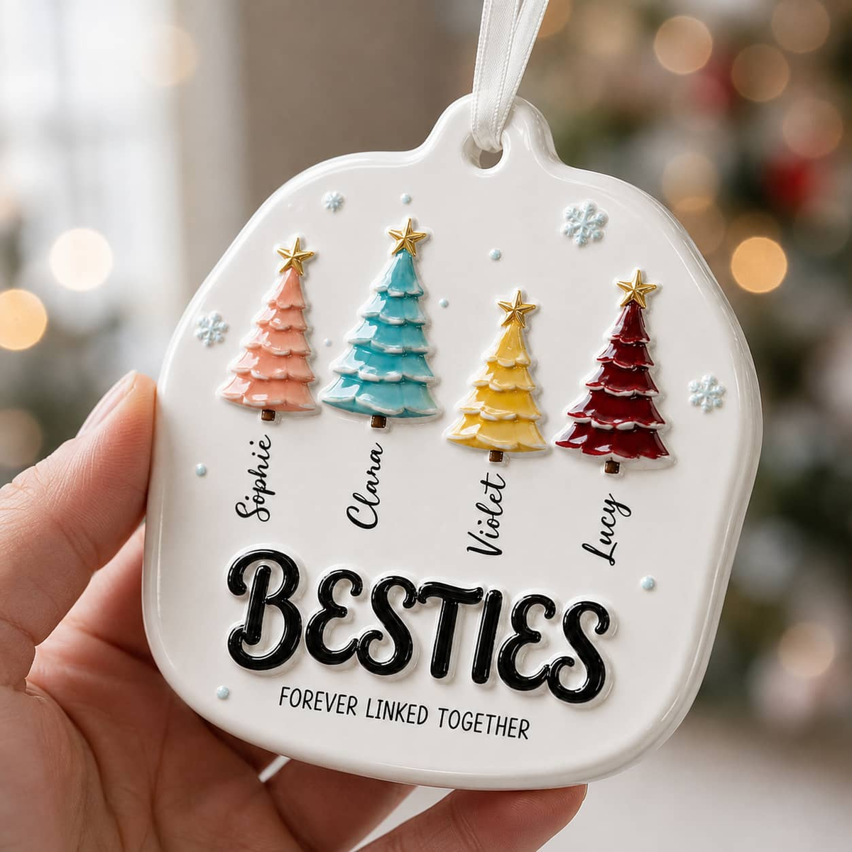 Besties Forever Linked Colorful Christmas Trees Keepsake - 3D Relief Ornament