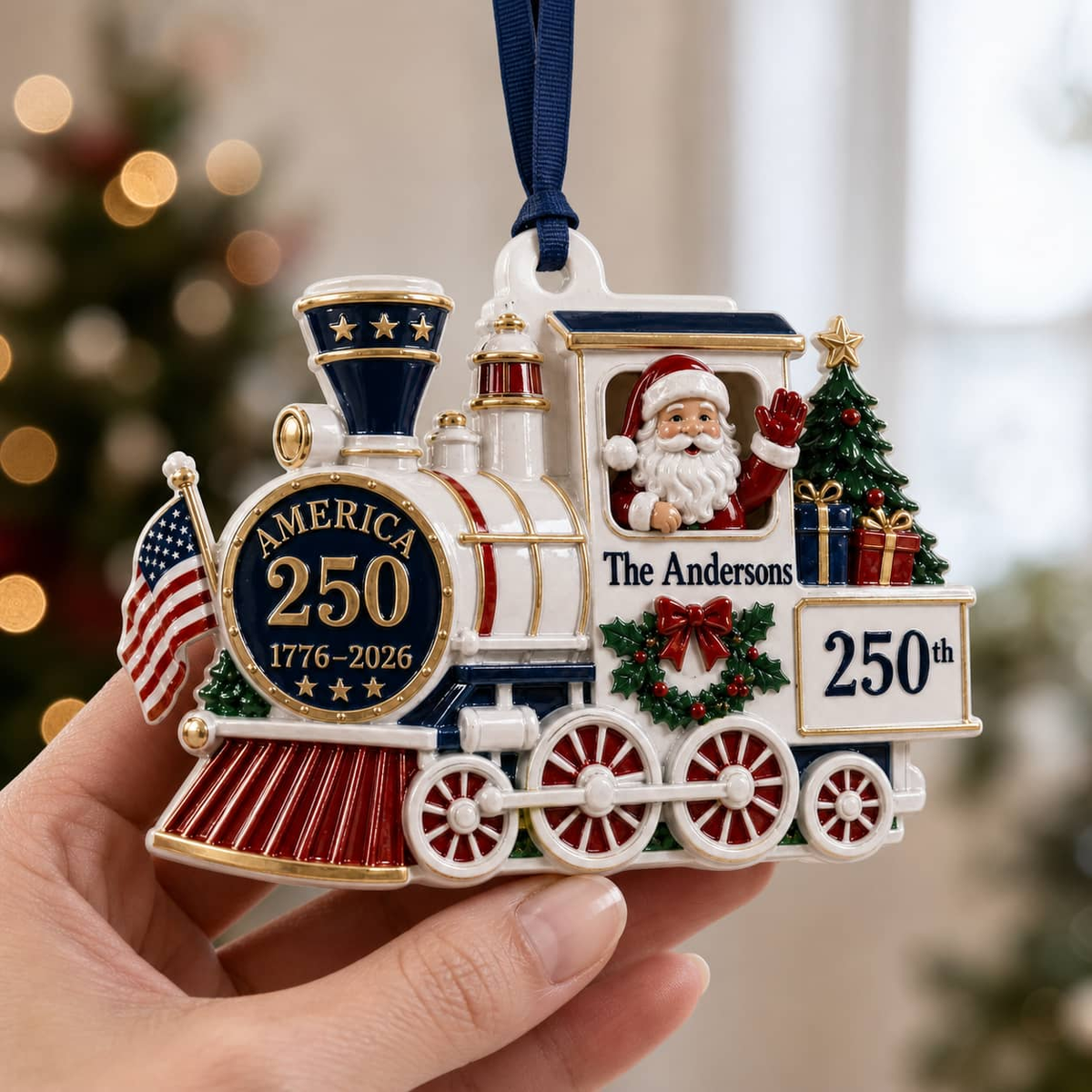 America 250 Santa Steam Train Patriotic Holiday Keepsake with Ribbon - 3D Relief Ornament