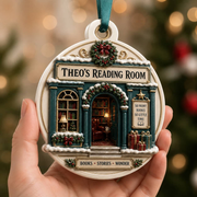 Reading Room Bookstore Facade Ceramic Holiday Keepsake with Ribbon - 3D Relief Ornament
