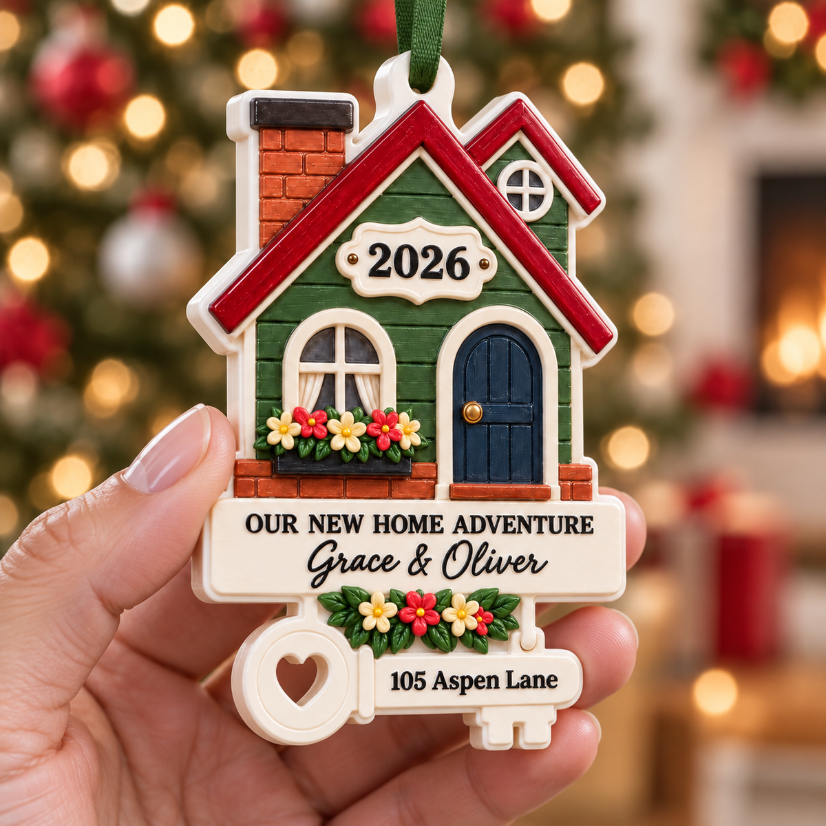 New Home Adventure House and Key Shaped Christmas Tree Hanging Decor - 3D Relief Ornament