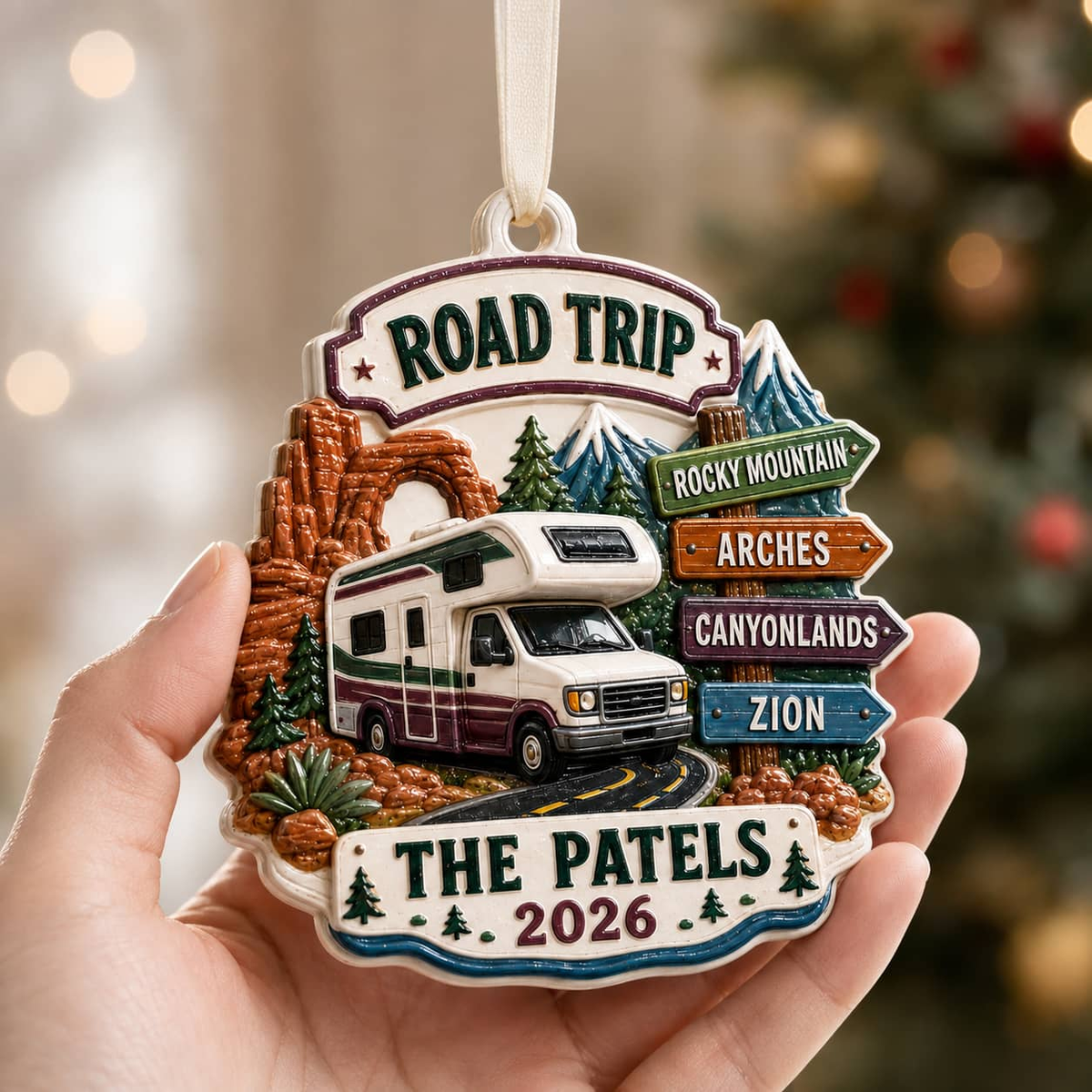 Road Trip Camper Keepsake, Motorhome and National Park Signs Hanging Decor - 3D Relief Ornament