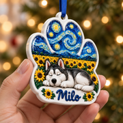 Sleeping Dog Paw Print Sunflower Christmas Tree Hanging Decor - 3D Relief Ornament