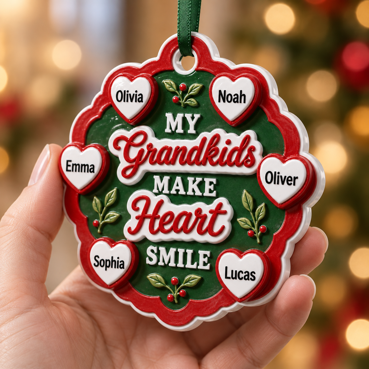 Grandkids Make Heart Smile Red and Green Scalloped Tree Keepsake - 3D Relief Ornament