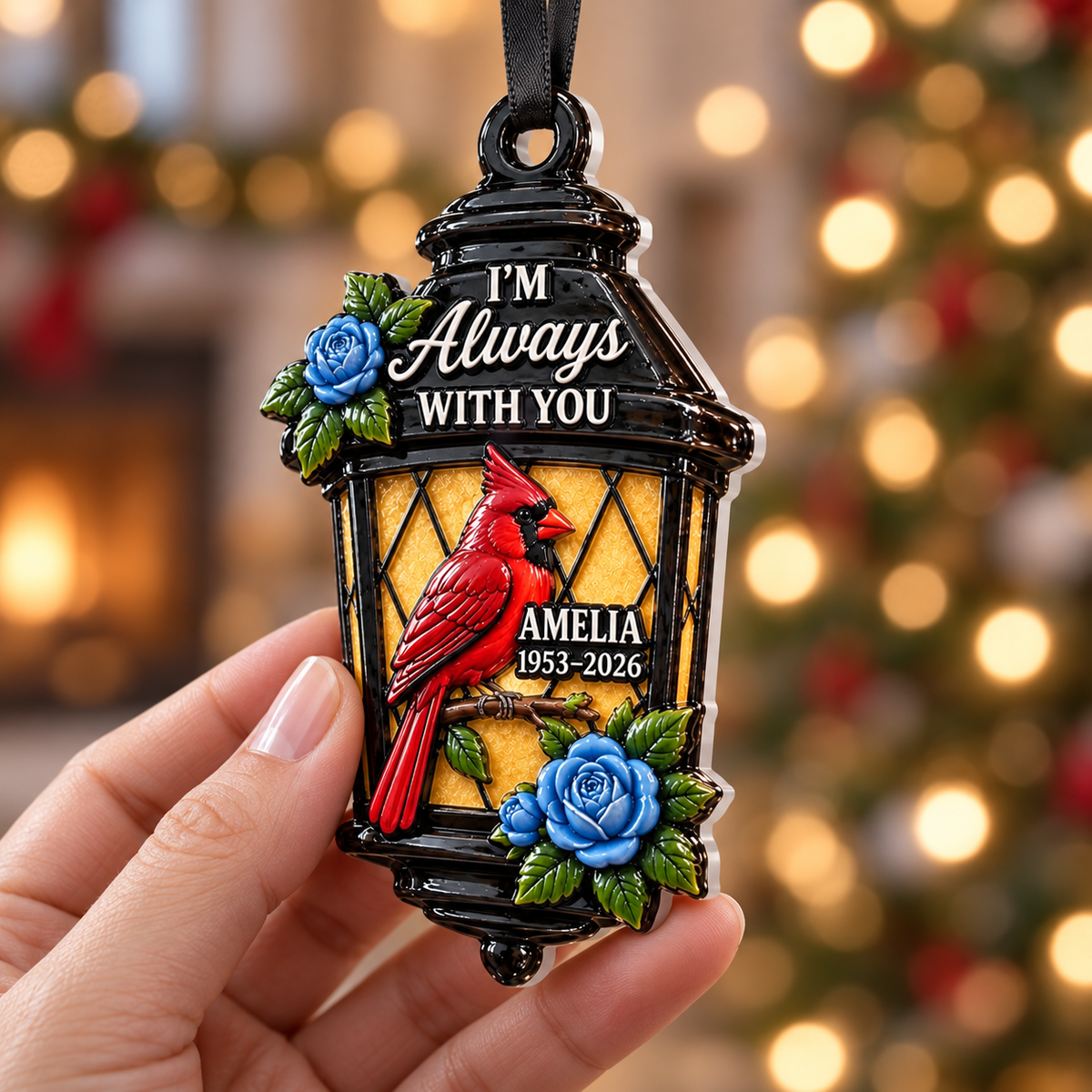 Red Cardinal Memorial Lantern Hanging Keepsake with Blue Roses - 3D Relief Ornament
