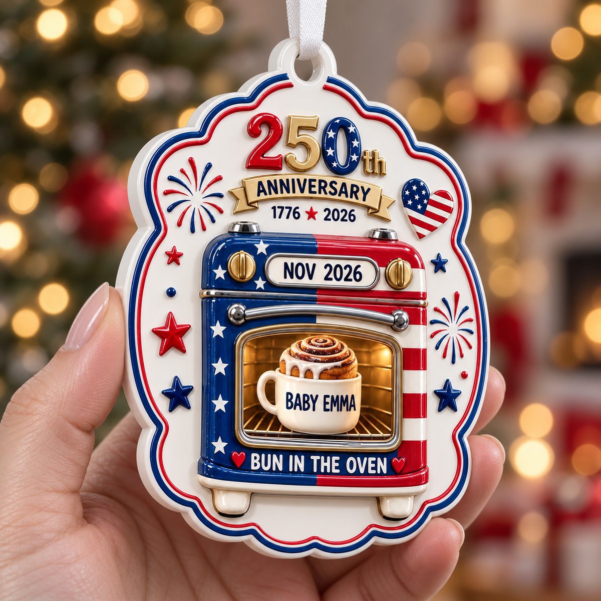 Patriotic 250th Anniversary Bun in the Oven Pregnancy Announcement Keepsake - 3D Relief Ornament