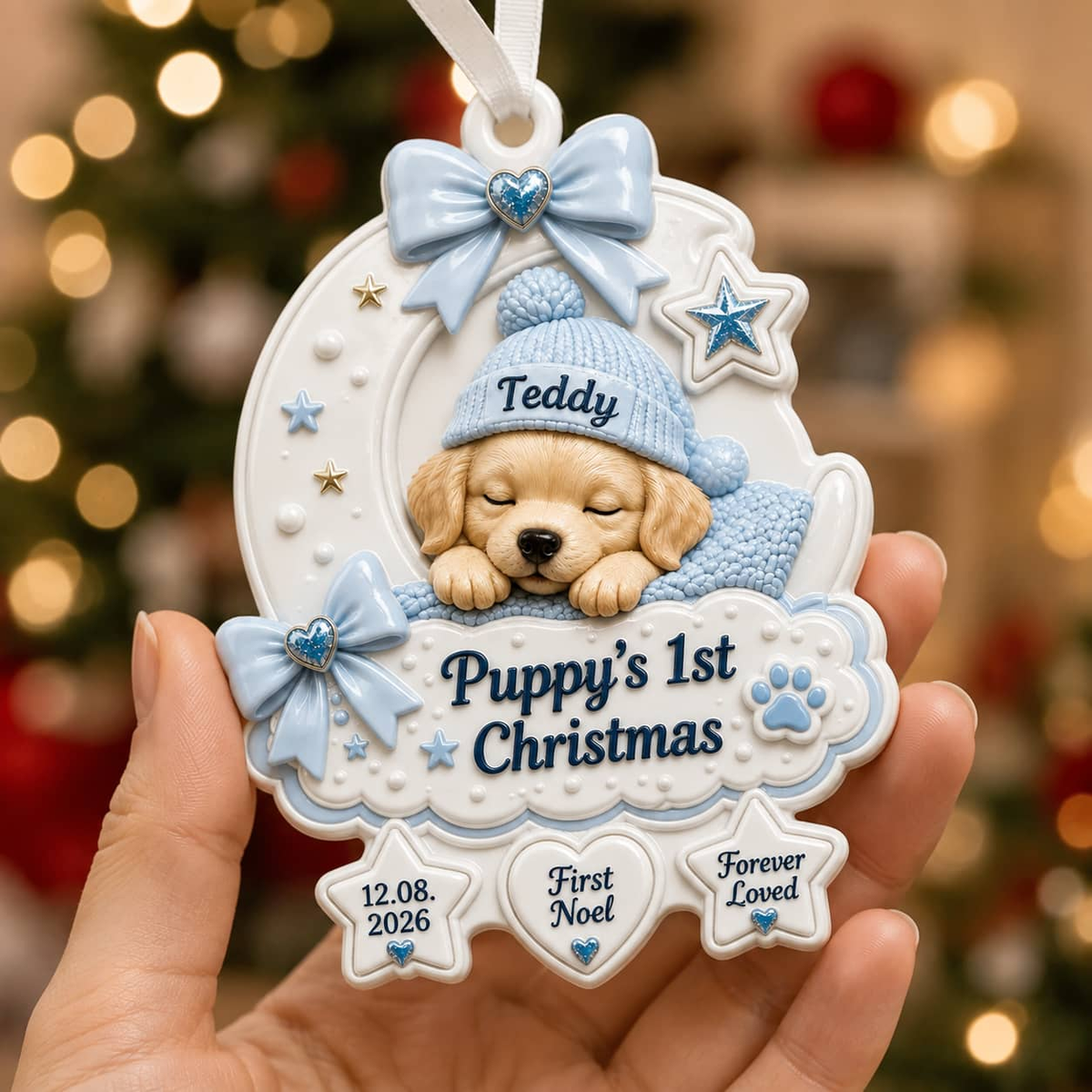 Puppy’s First Christmas Crescent Moon Holiday Decor, Blue Bow and Sleeping Puppy Design - 3D Relief Ornament