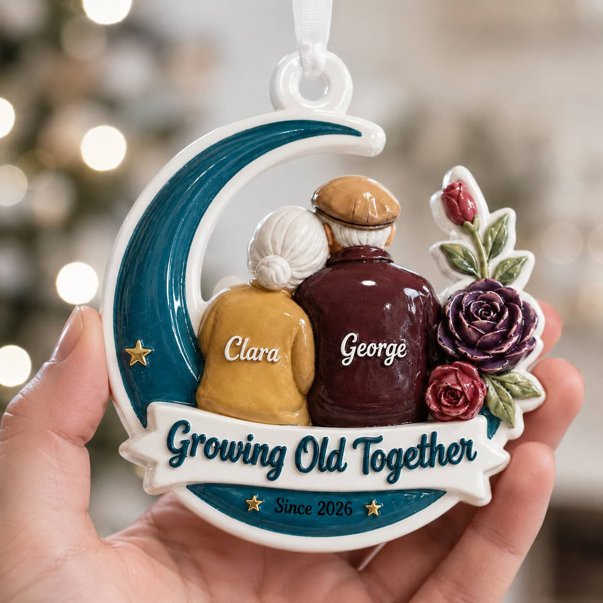 Growing Old Together Couple Keepsake, Elderly Pair on Crescent Moon Ceramic Decor - 3D Relief Ornament