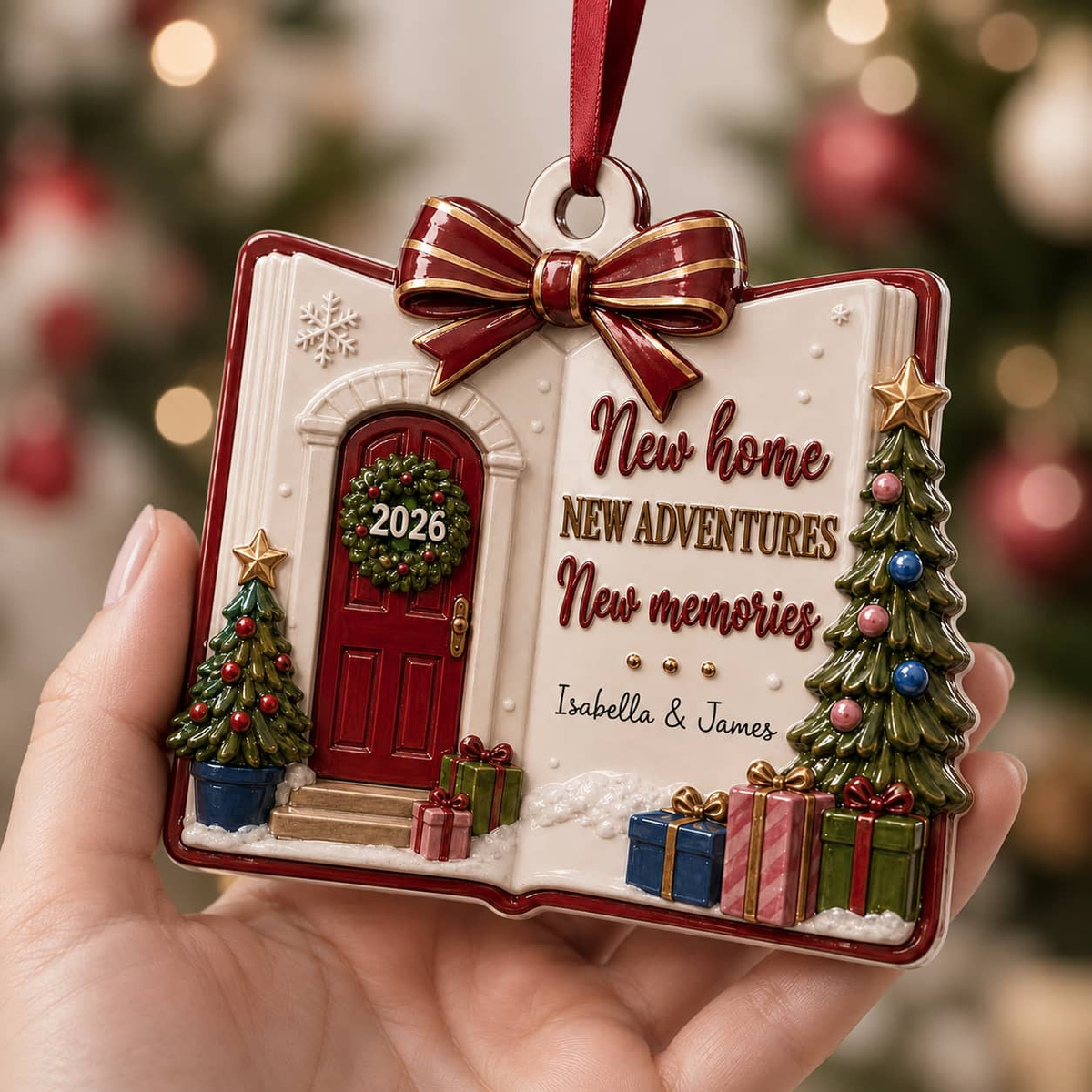 New Home Keepsake, Open Book Shape Red Front Door and Tree Holiday Decor - 3D Relief Ornament