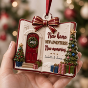 New Home Keepsake, Open Book Shape Red Front Door and Tree Holiday Decor - 3D Relief Ornament