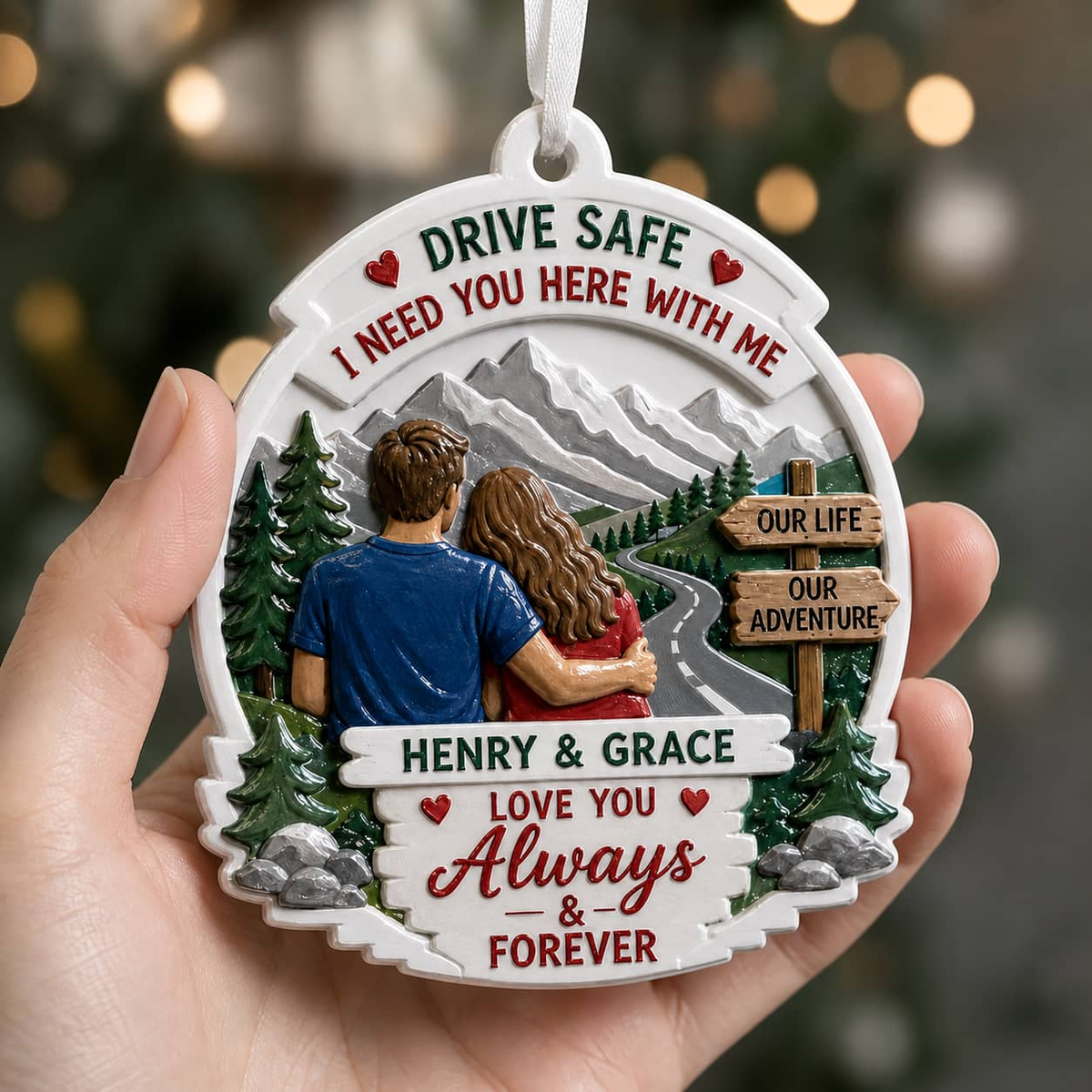 Drive Safe Couple Keepsake, Oval Mountain Scenery and Pine Trees Hanging Decor - 3D Relief Ornament