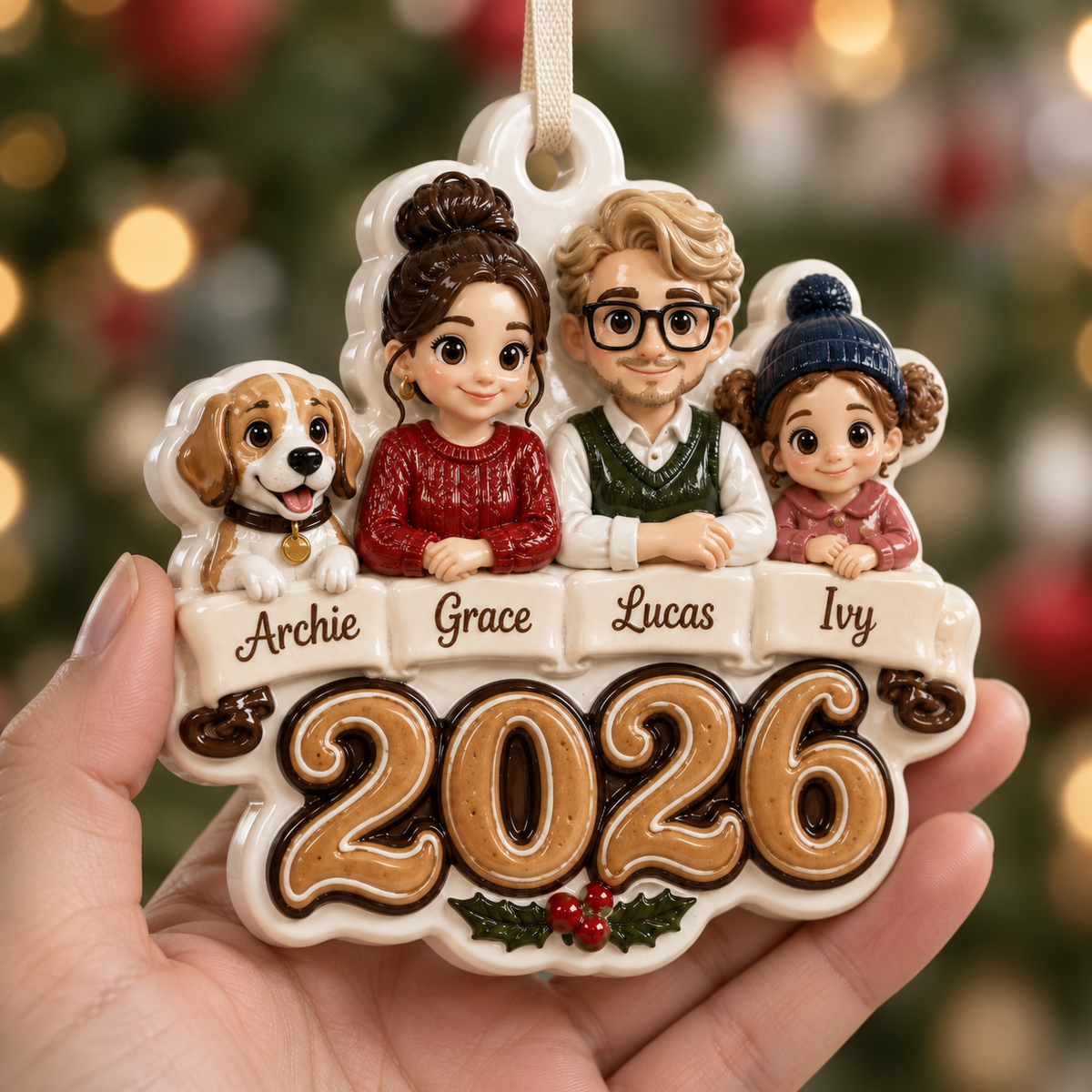 Family and Dog Christmas Tree Keepsake, Holiday Hanging Decor - 3D Relief Ornament