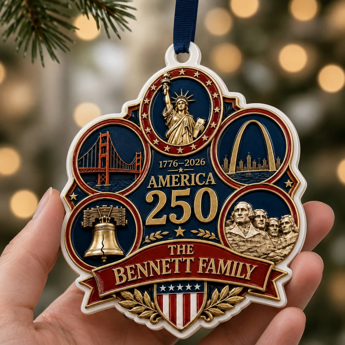 America 250 Commemorative Crest Keepsake with Patriotic US Landmarks - 3D Relief Ornament