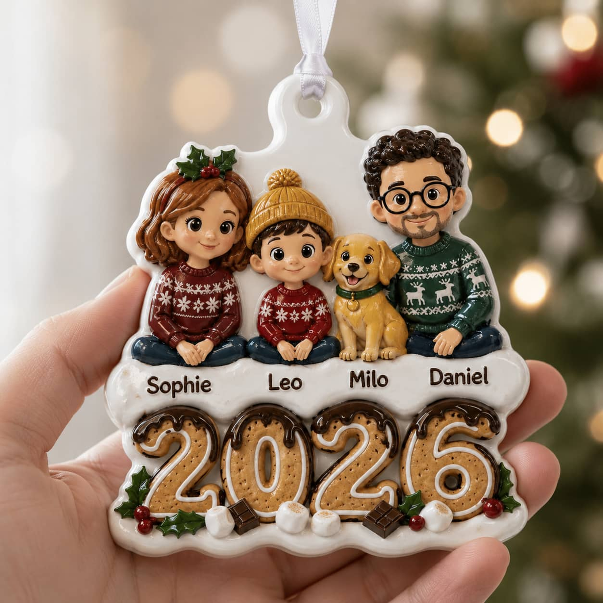 Family and Dog Christmas Tree Keepsake, 2026 Gingerbread Holiday Decor - 3D Relief Ornament