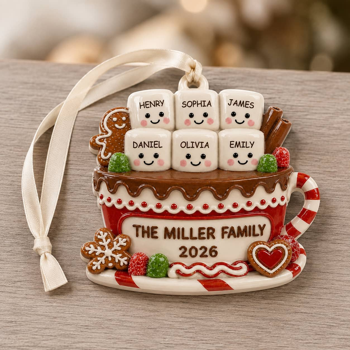 Hot Chocolate Mug Family Marshmallow Christmas Keepsake - 3D Relief Ornament