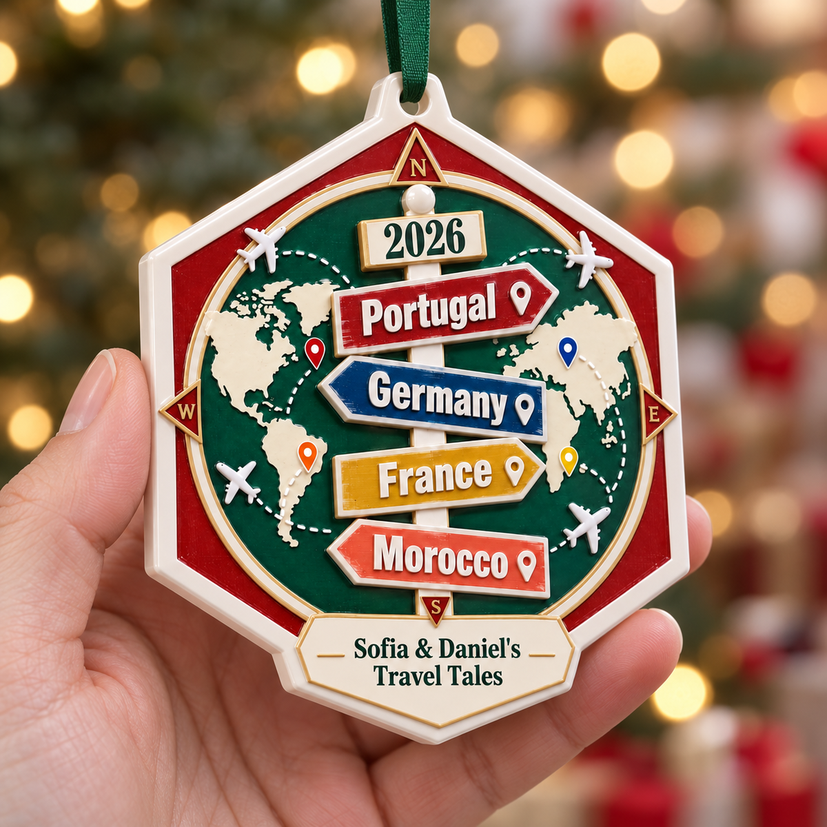 World Travel Map Vacation Signpost Compass Hexagon Hanging Keepsake - 3D Relief Ornament