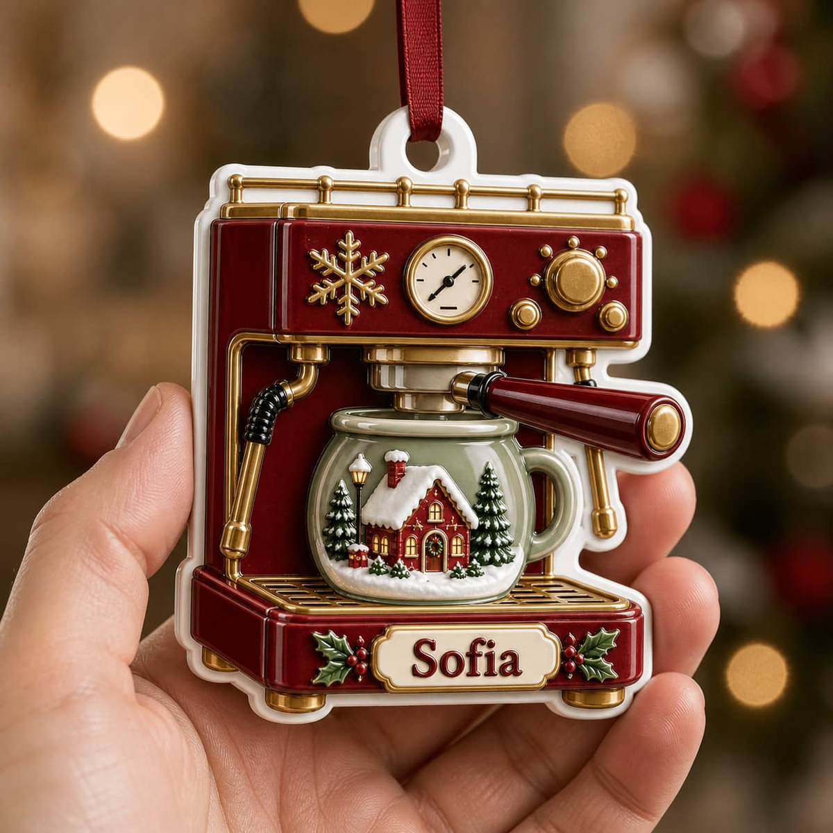 Retro Espresso Coffee Machine with Winter Village Mug Holiday Decor - 3D Relief Ornament