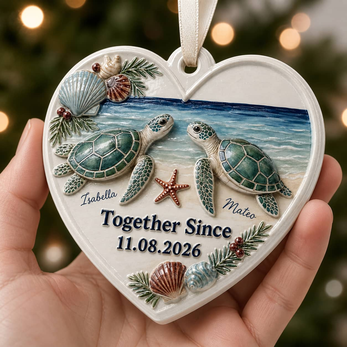 Heart Shaped Sea Turtle Couple Ocean Beach Holiday Tree Keepsake - 3D Relief Ornament