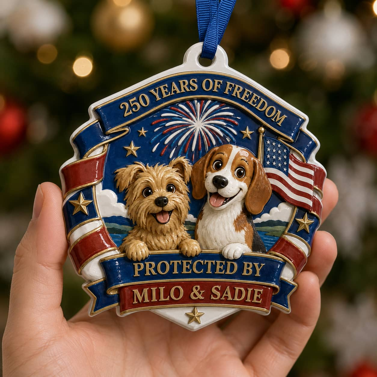 Patriotic Dogs Shield Christmas Tree Hanging Decor, 250 Years of Freedom - 3D Relief Ornament