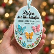 Sisters Are Like Butterflies Oval Light Blue Floral Hanging Keepsake - 3D Relief Ornament